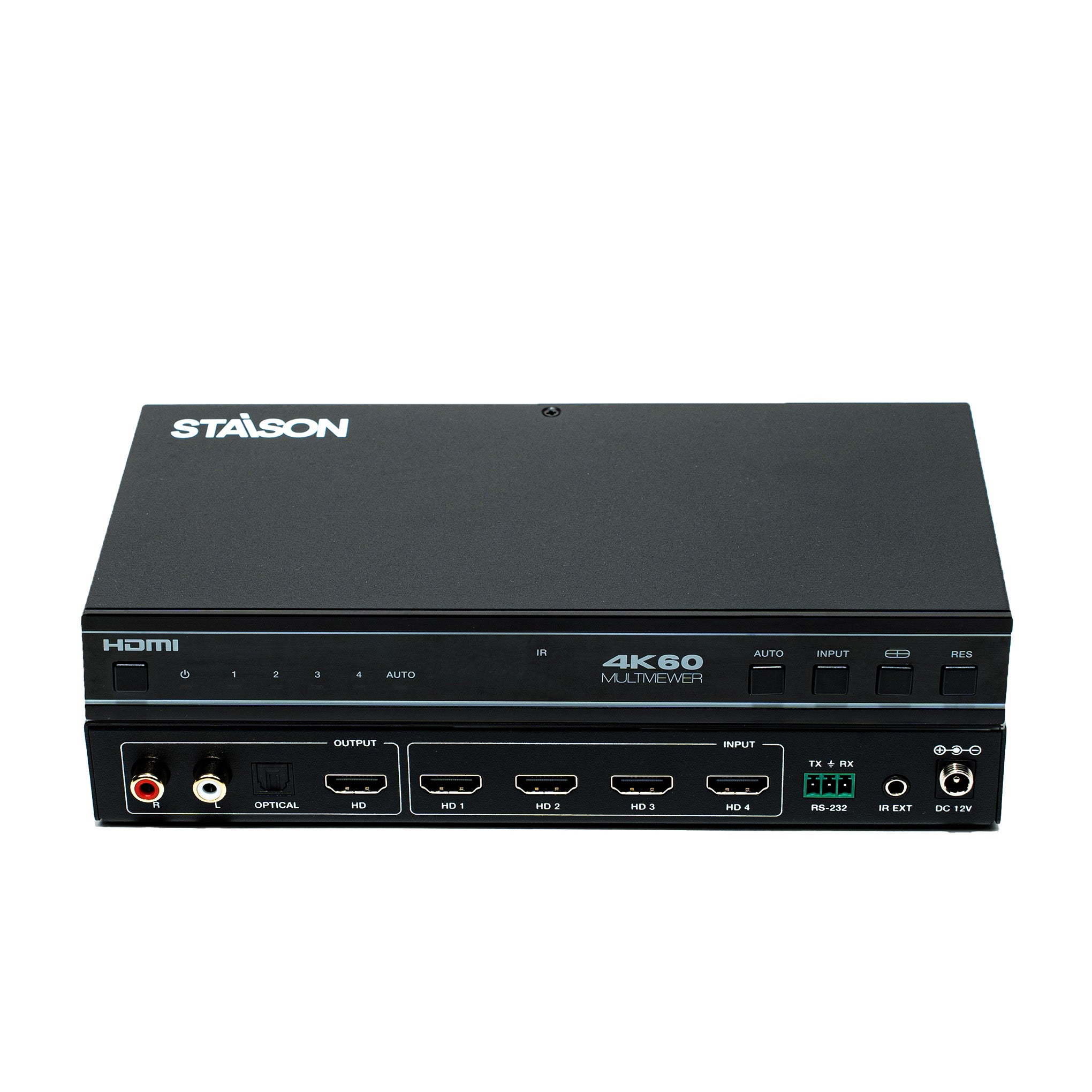 Black Stasoon 4K60 HDMI multiviewer on a white background