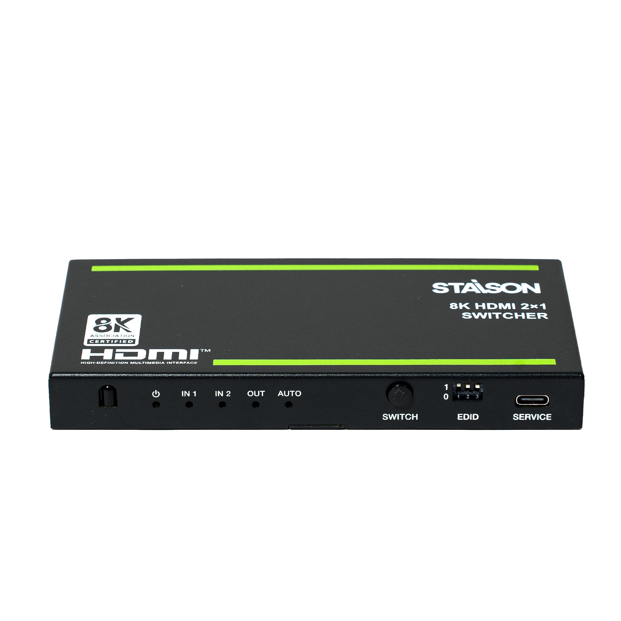 Staison 8K HDMI 2x1 switcher on a white background