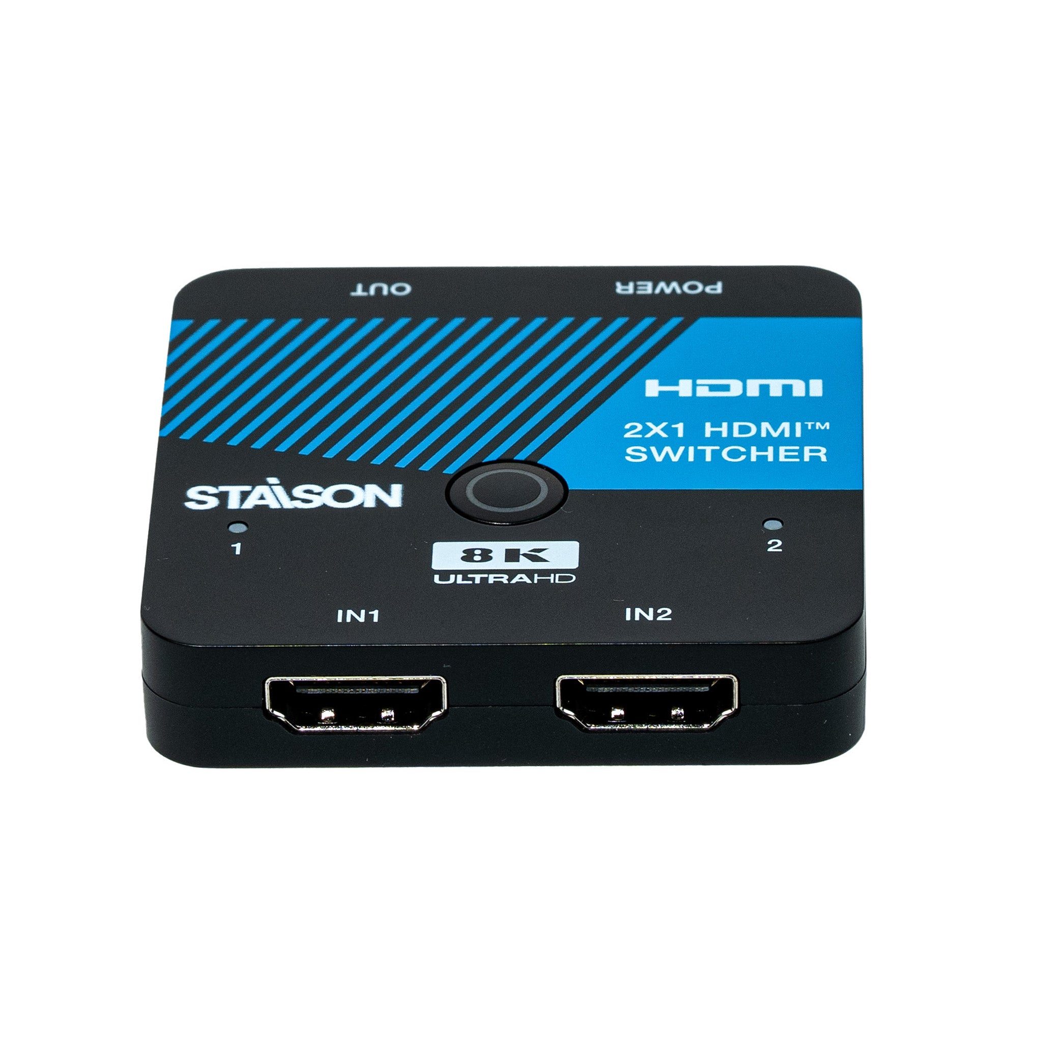 HDMI switcher with blue and black design on a white background