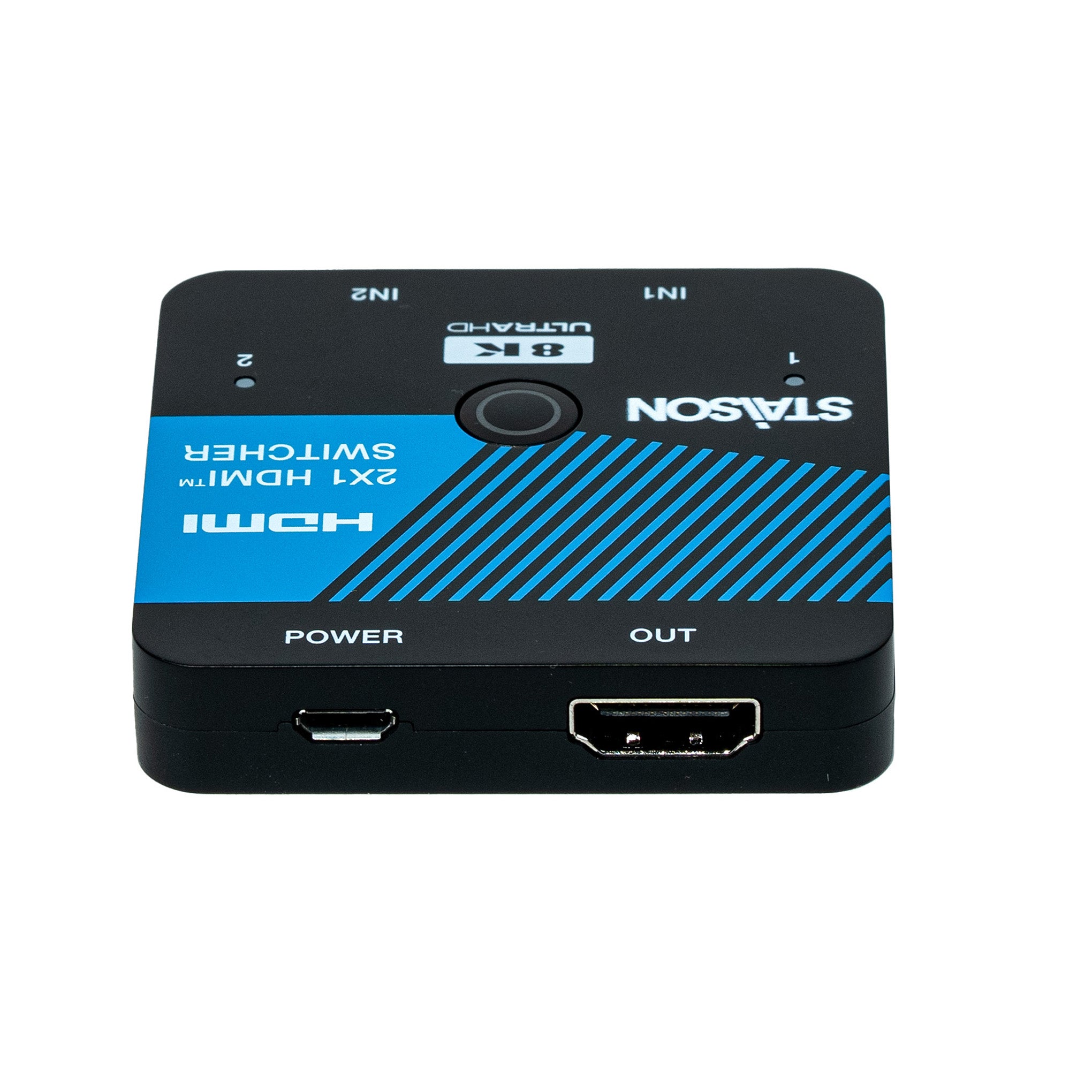 HDMI switcher with blue and black design on a white background