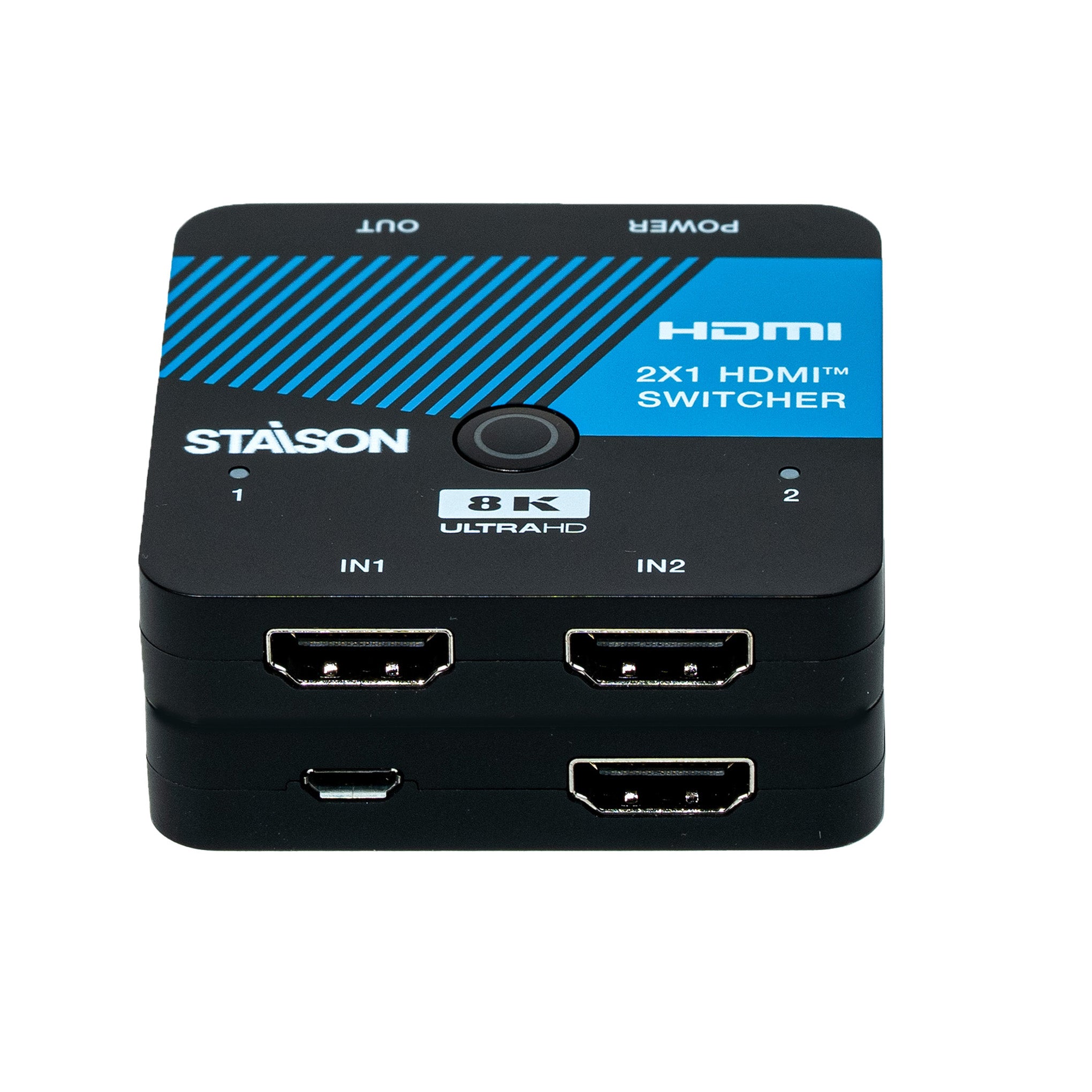 HDMI switcher with 2 inputs and 1 output with staison branding  on a white background.