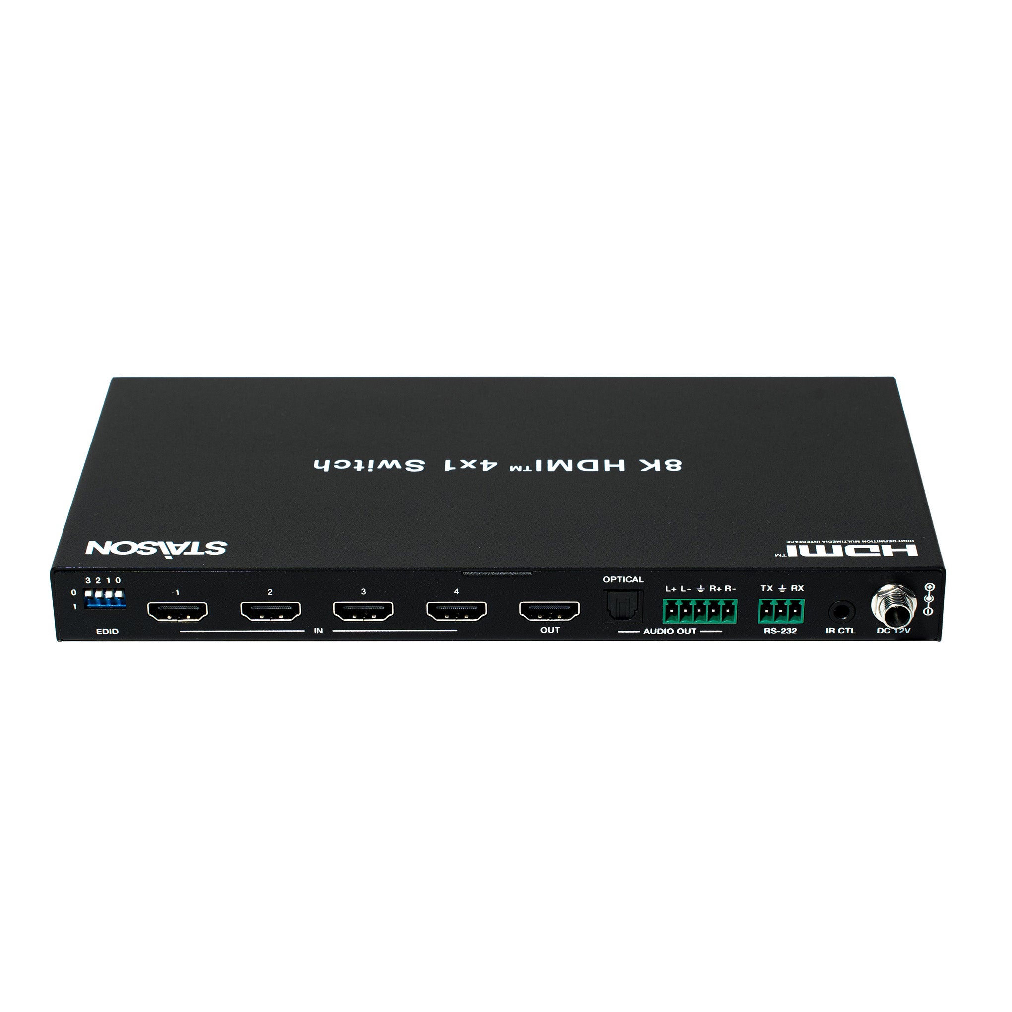 Black 4x1 HDMI switch with multiple ports and staison branding on a white background