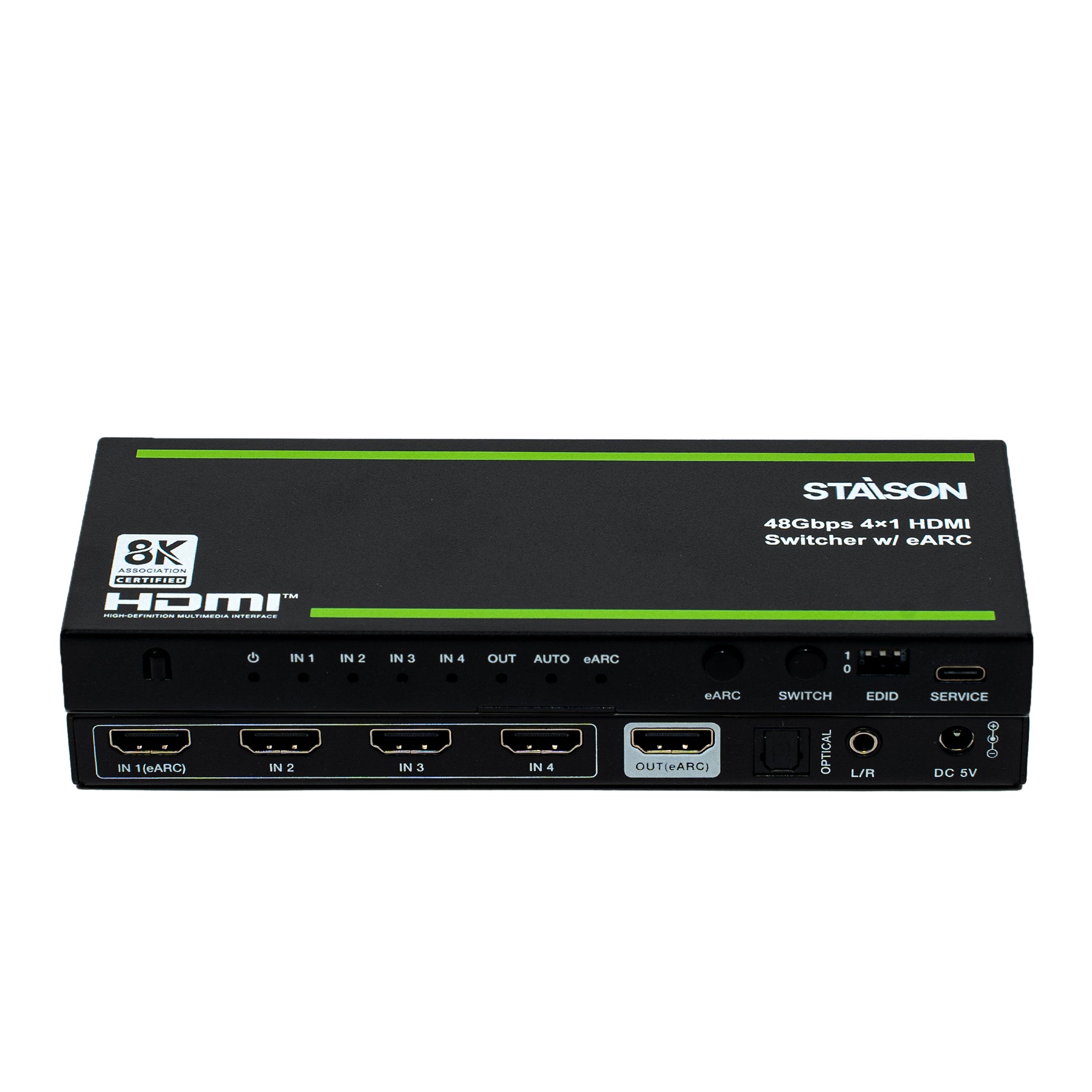 Staison HDMI switcher with 4K and ARC capabilities on a white background