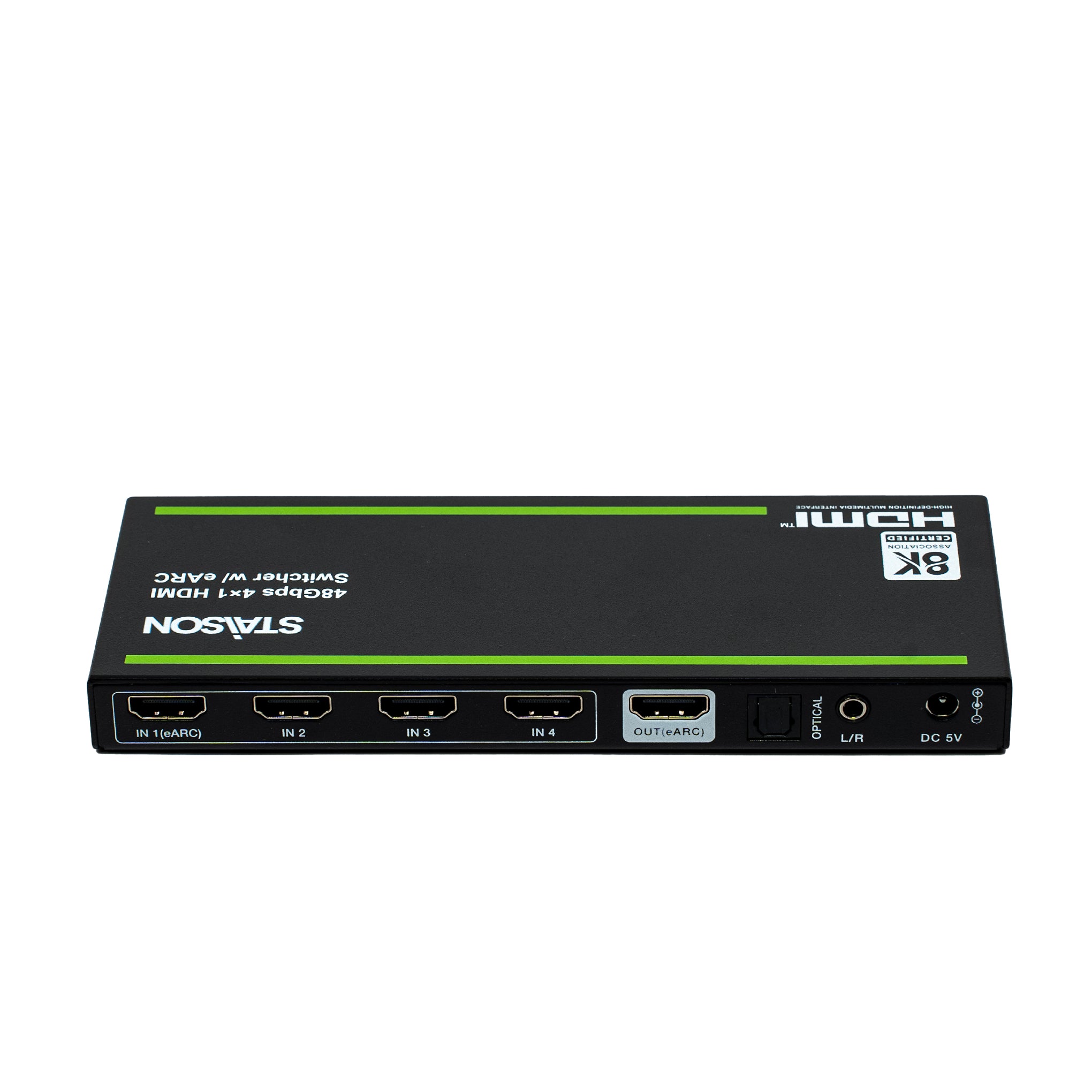 HDMI switcher with multiple inputs and outputs on a white background