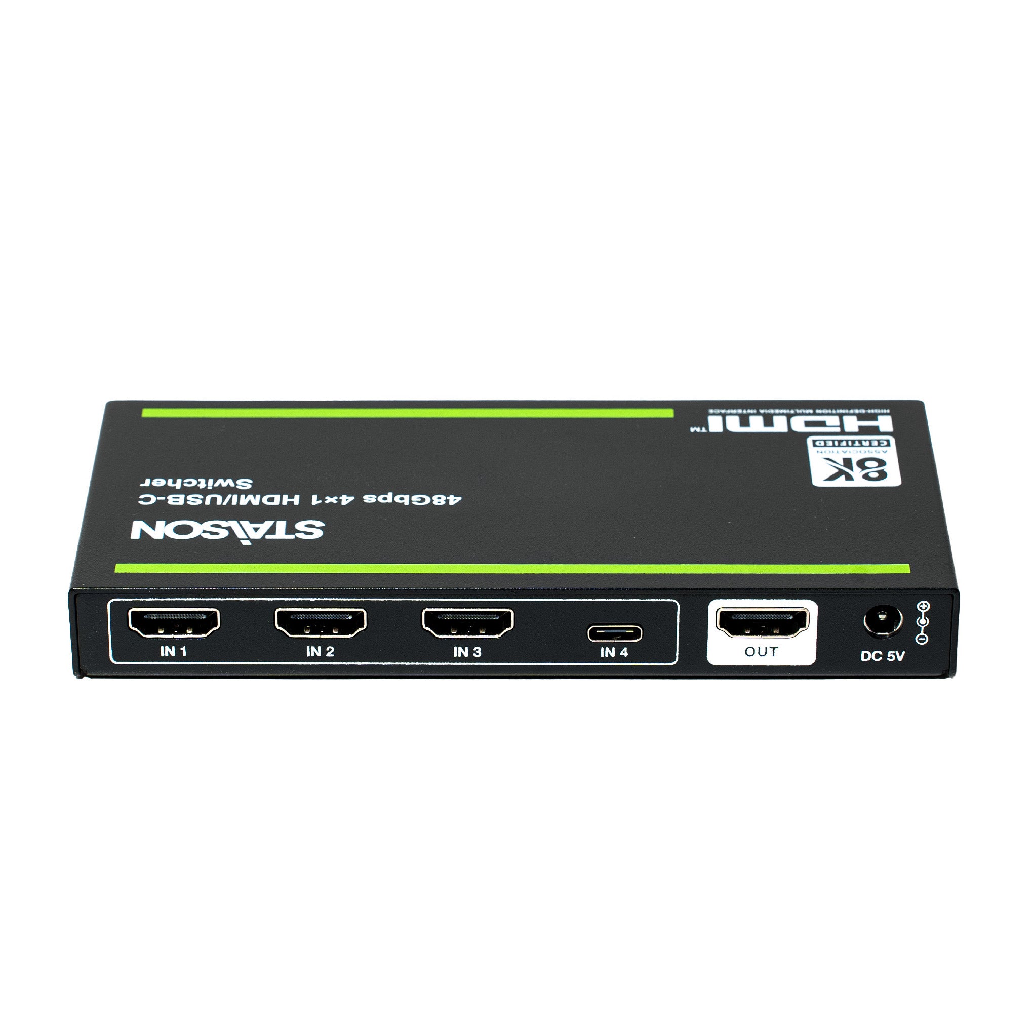 HDMI switcher with multiple inputs and outputs with staison branding  on a white background
