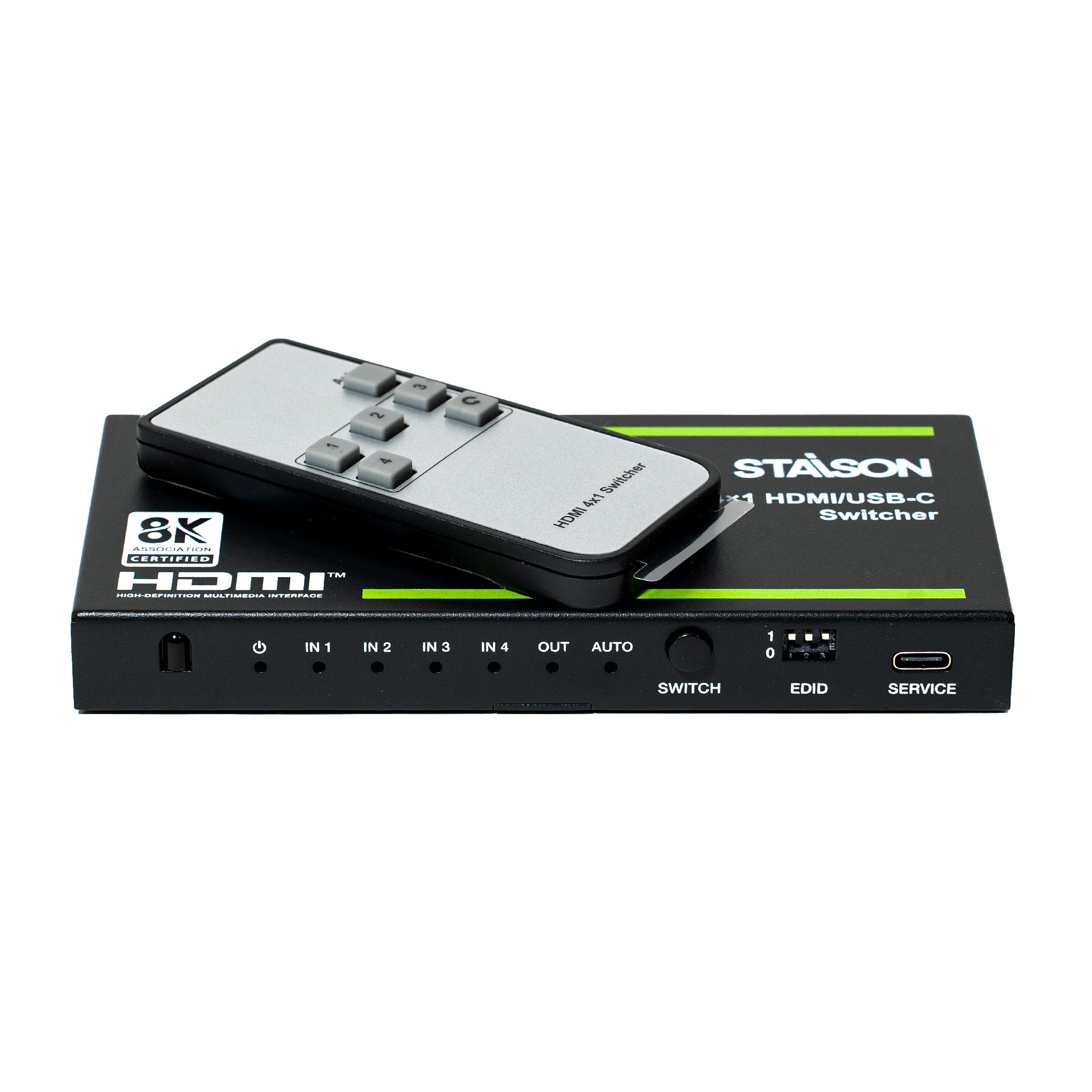 switcher HDMI/USB-C with remote co troller and staison branding on a white background 