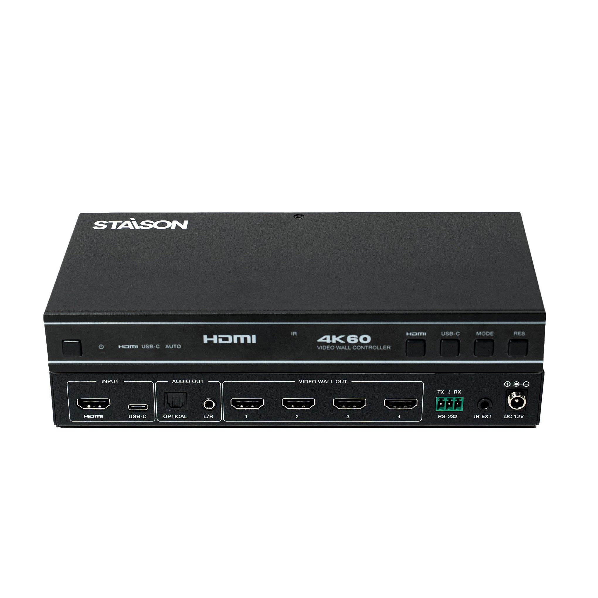 Black HDMI video wall  controller with multiple ports on a white background