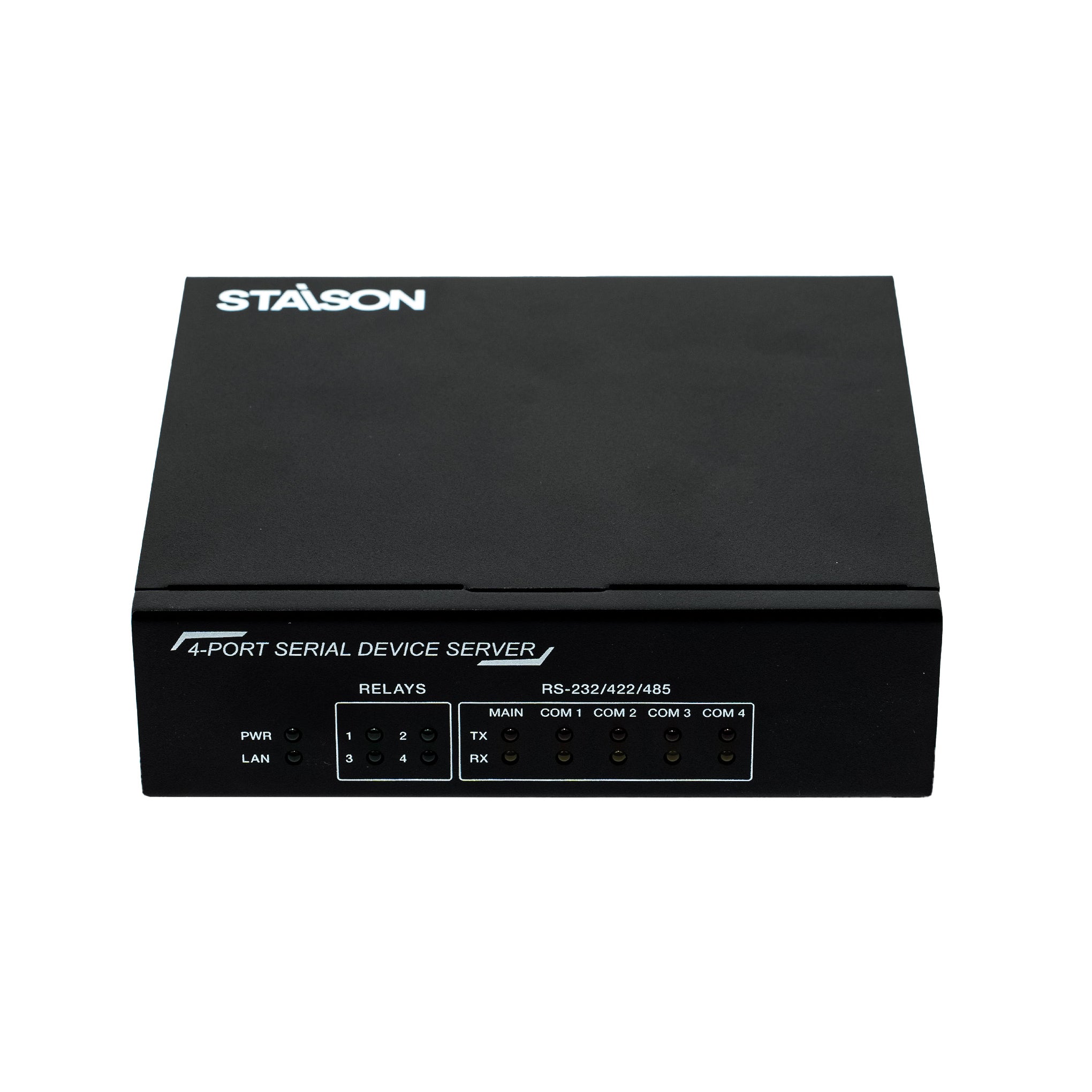 Black serial device server with Staison branding on a white background
