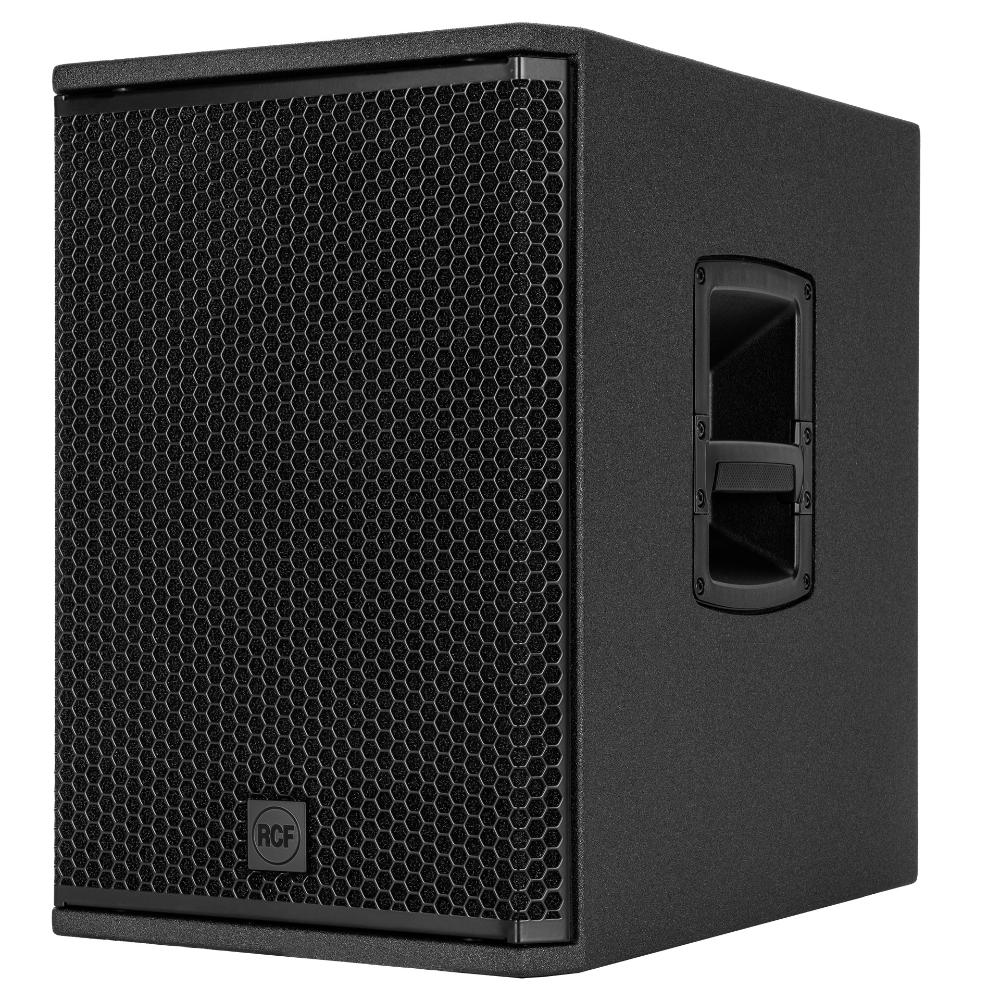 RCF SUB 702-AS MK3 left side view showing side handle and cabinet depth
