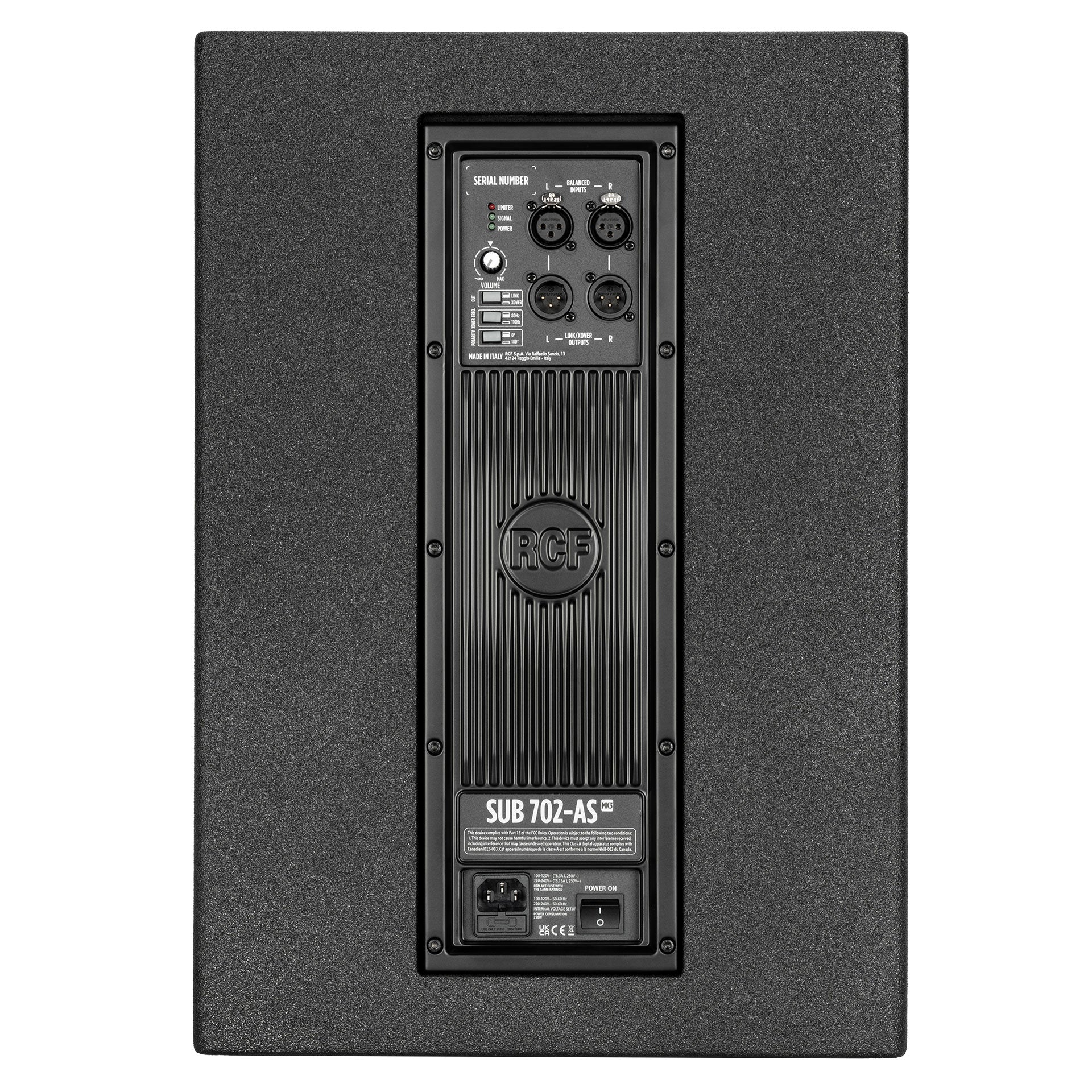 RCF SUB 702-AS MK3 rear view showing XLR input and output connector panel