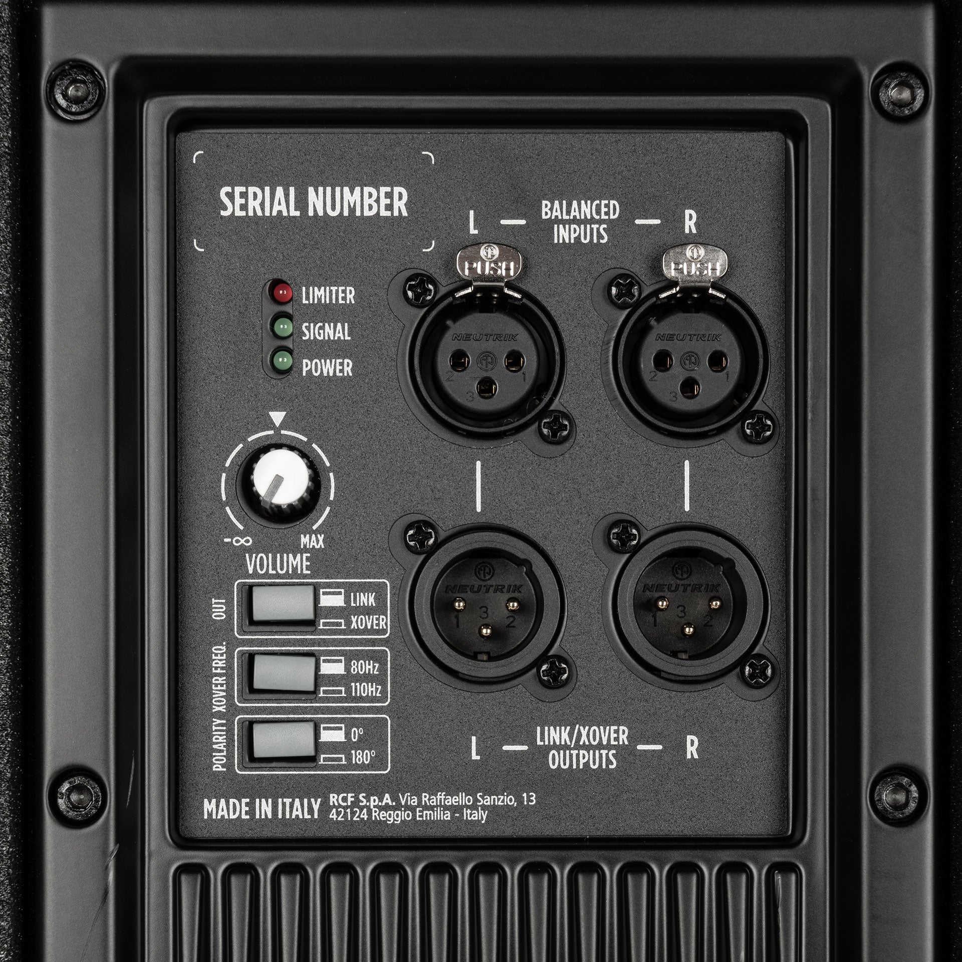 RCF SUB 702-AS MK3 connector panel detail showing XLR input and output