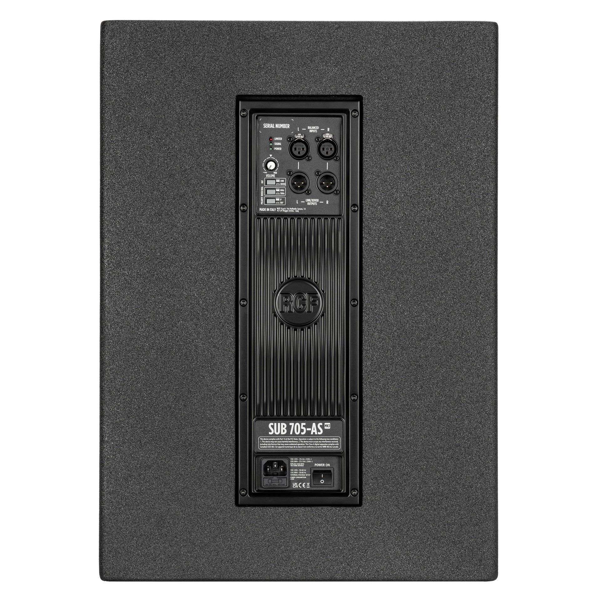 RCF SUB 705-AS MK3 Active Subwoofer rear panel showing XLR input/output and crossover controls