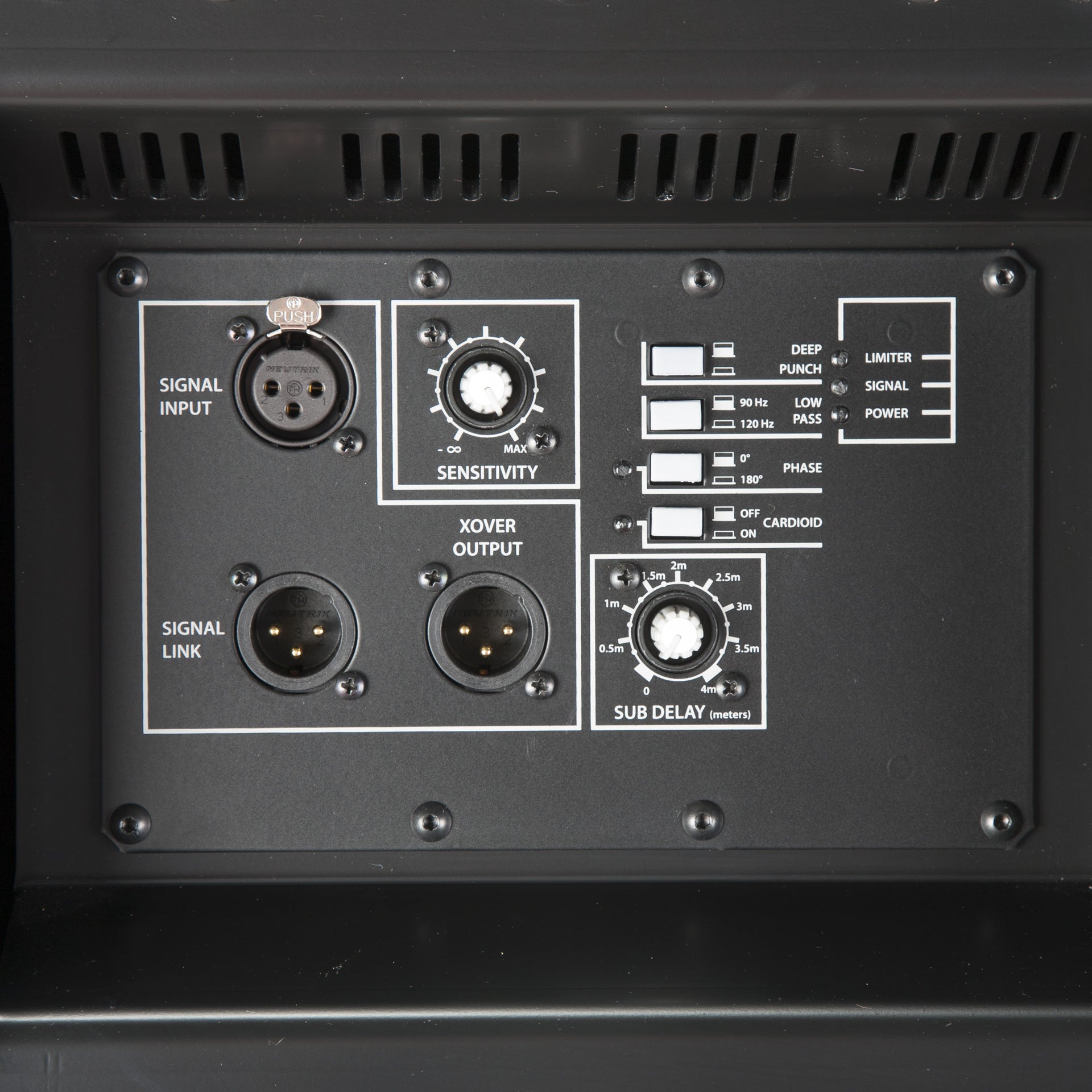 RCF SUB 8004-AS connector panel with XLR inputs