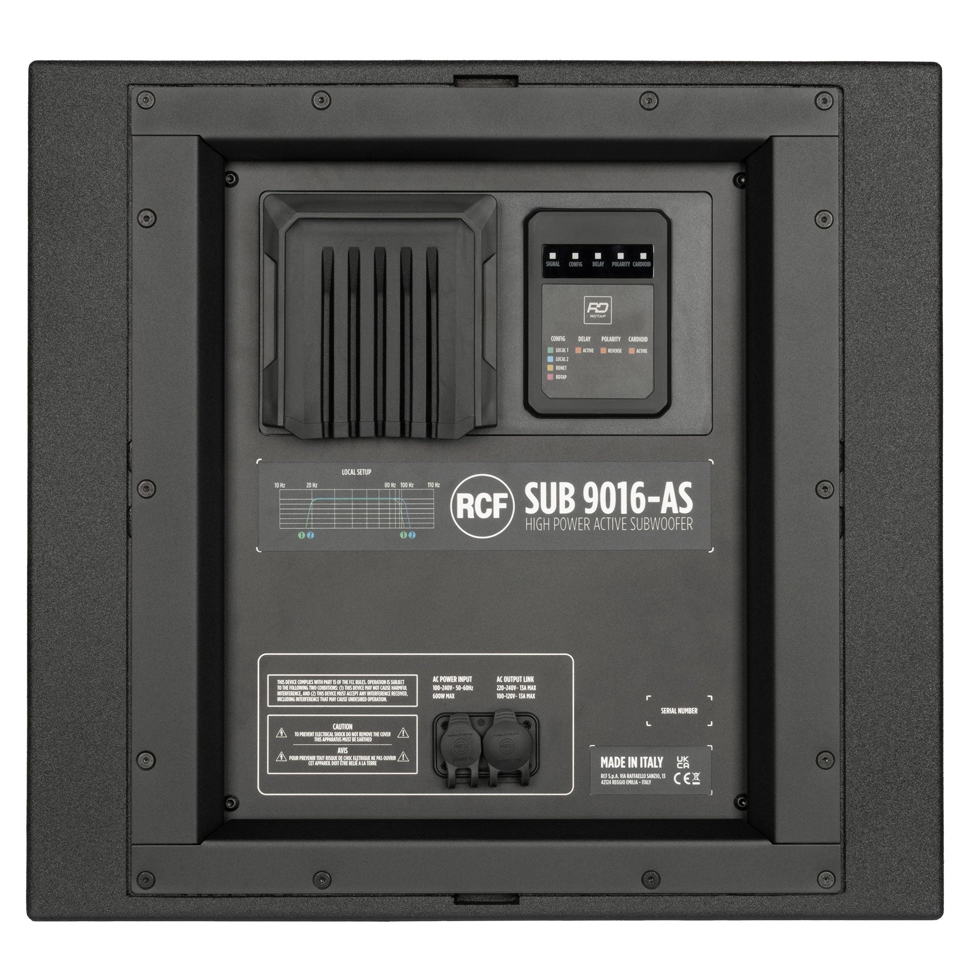 RCF SUB 9016-AS connector panel with XLR and RDNet EtherCon inputs