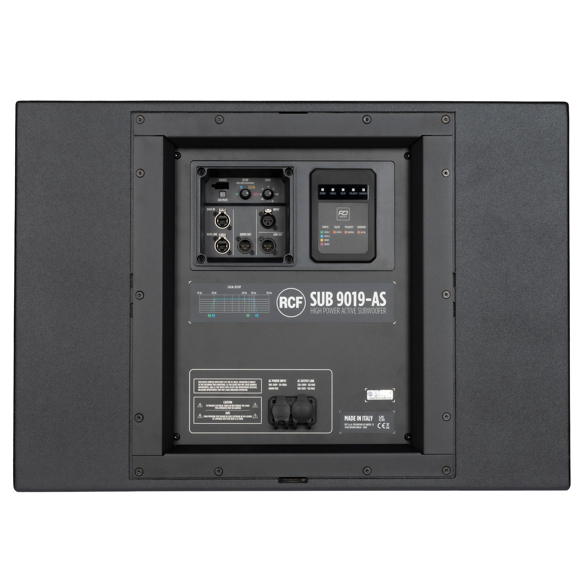 RCF SUB 9019-AS connector panel with XLR and RDNet EtherCon inputs