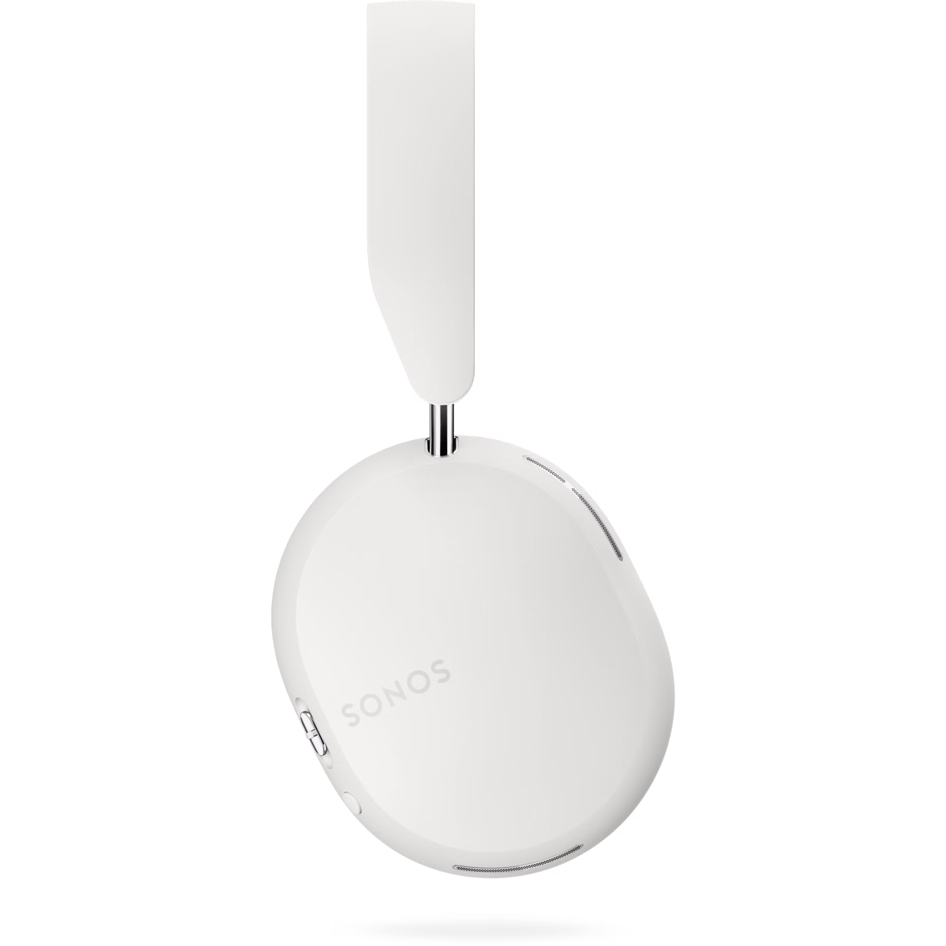 Close-up of Sonos Ace white plush memory foam ear cushion and soft white leatherette padding