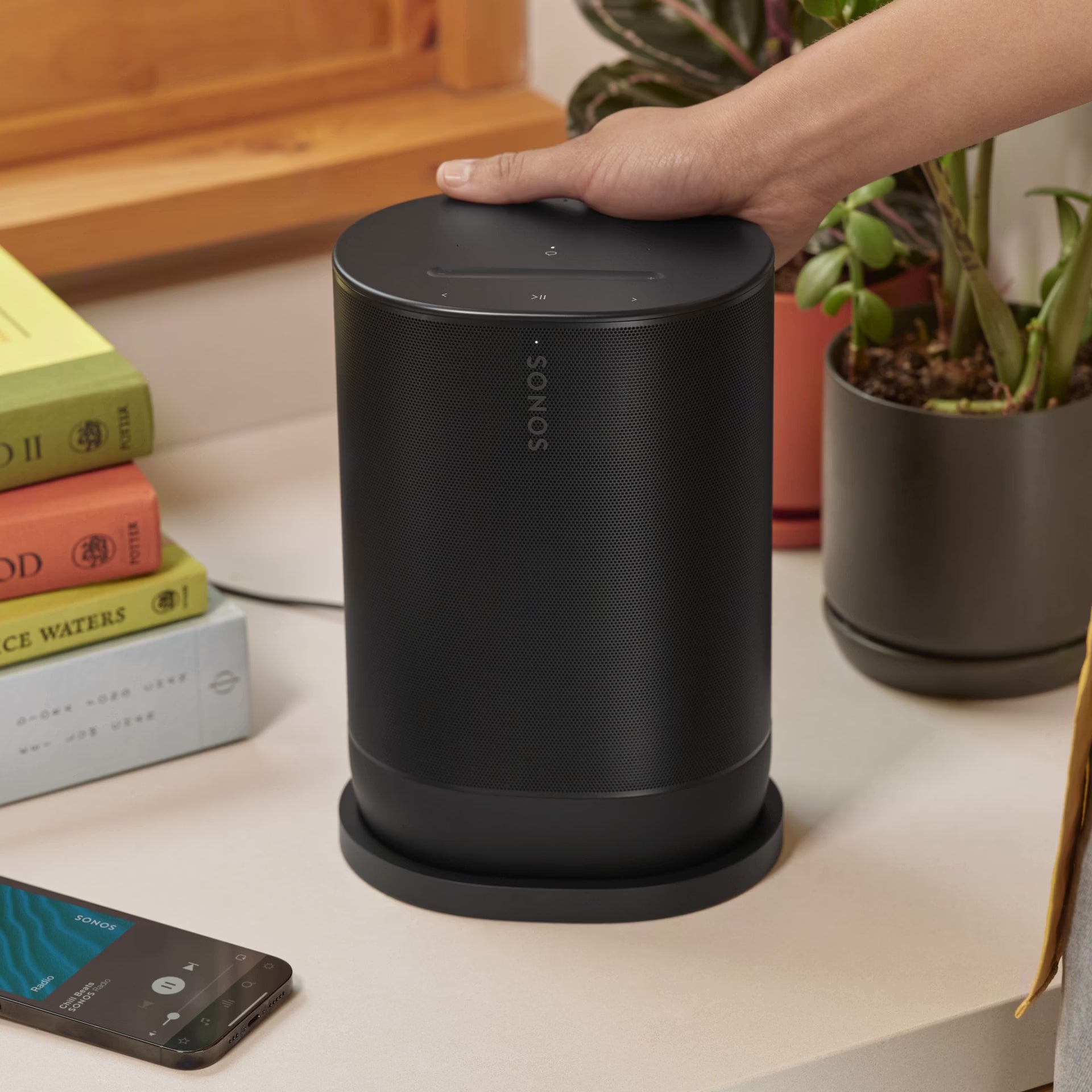 Sonos Move 2 Black portable HiFi loudspeaker at a campsite powering music off-grid
