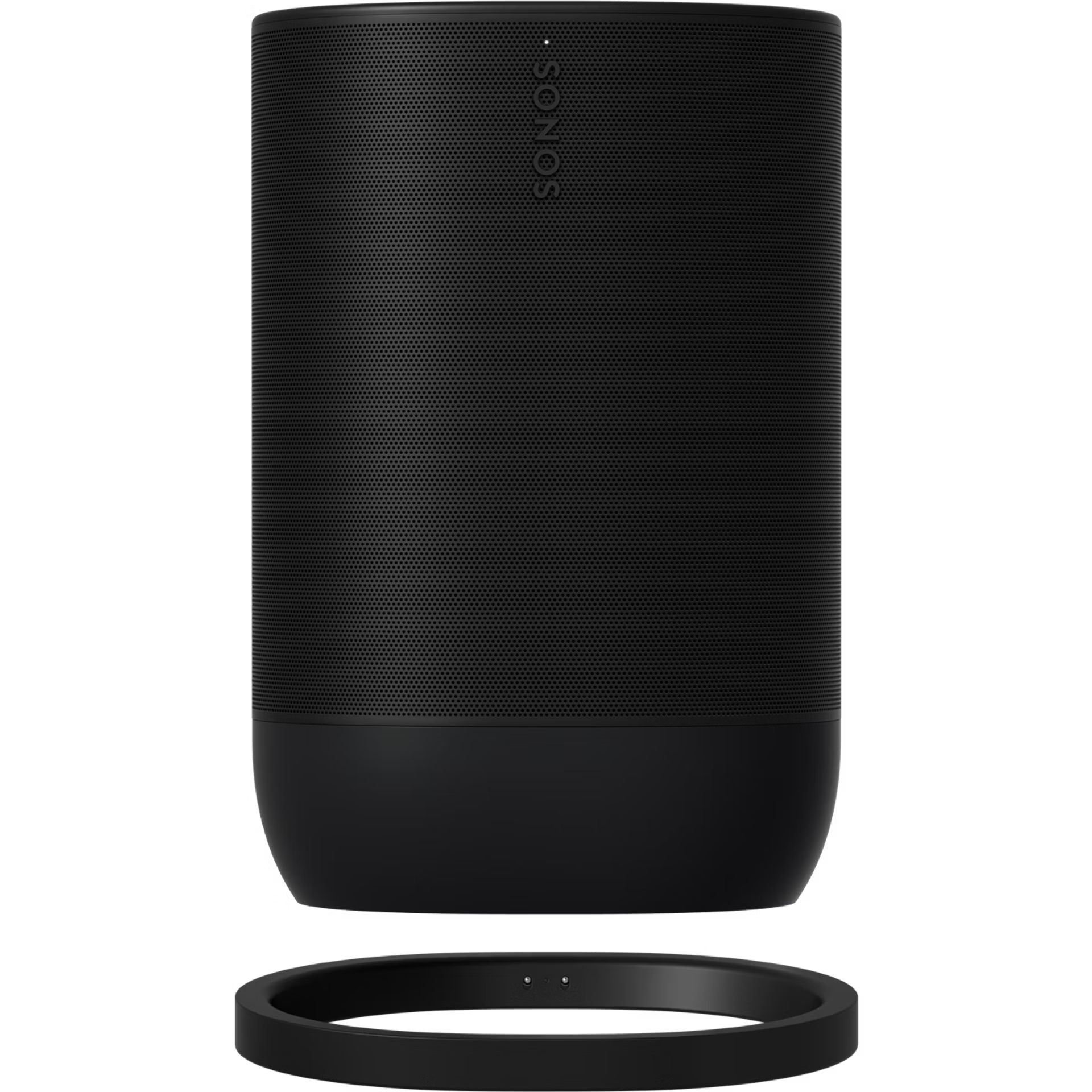 Sonos Move 2 Black unboxed showing speaker, wireless charging base and quick-start guide