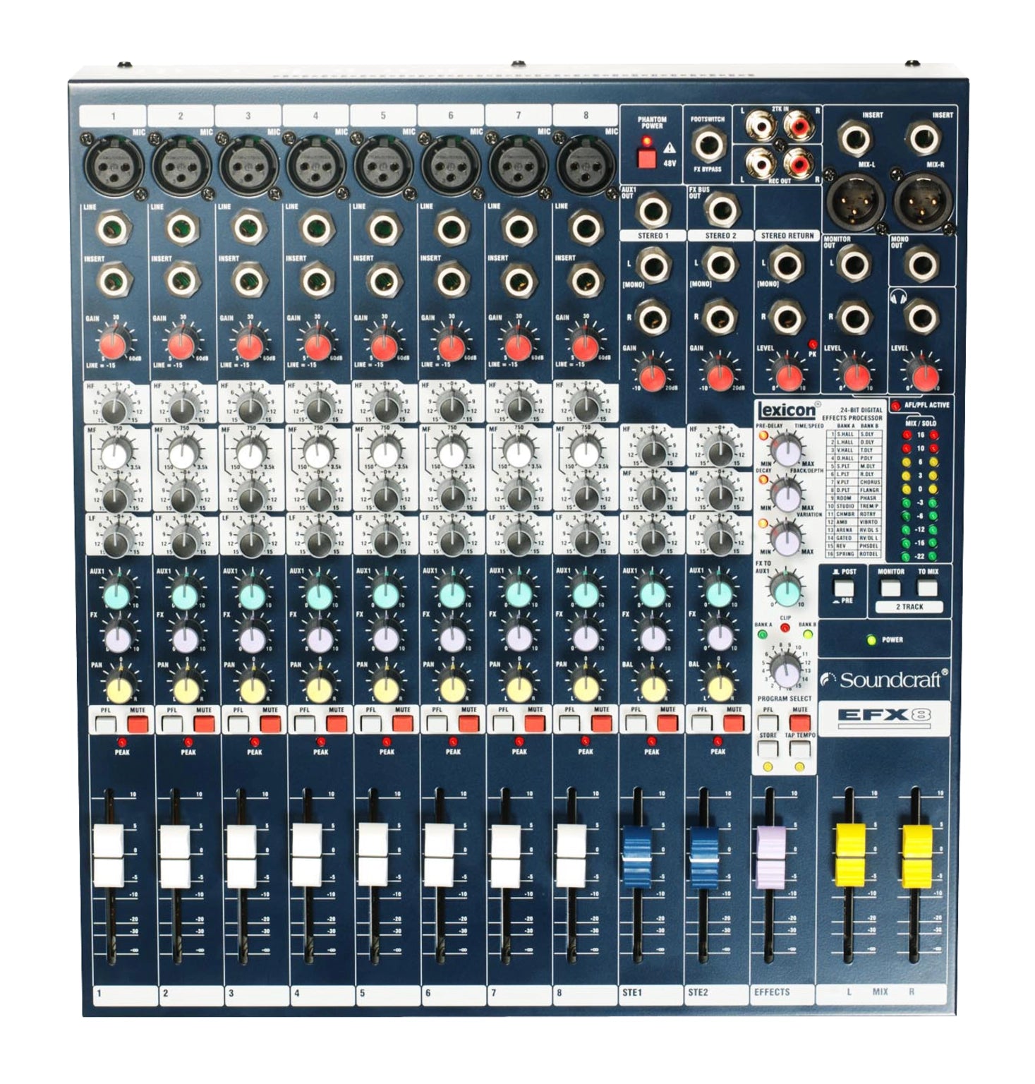 Soundcraft mixer with various controls and labels on a white background