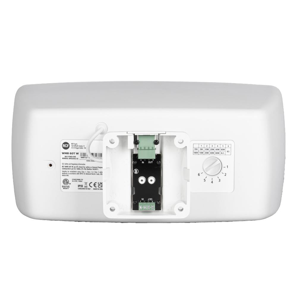 RCF White electronic device with labels and connectors on a white background