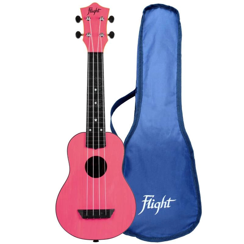 Pink soprano travel ukulele by Flight TUS35, compact and lightweight with a vibrant finish