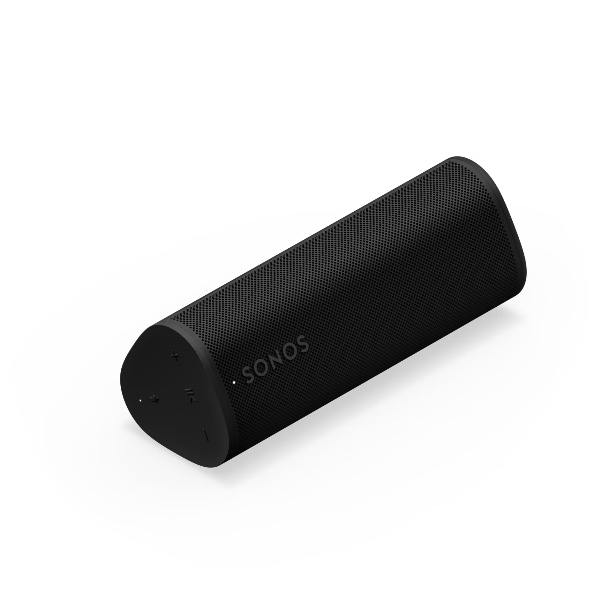 Sonos Roam 2 black angled view — rugged portable HiFi loudspeaker with matte black triangular body