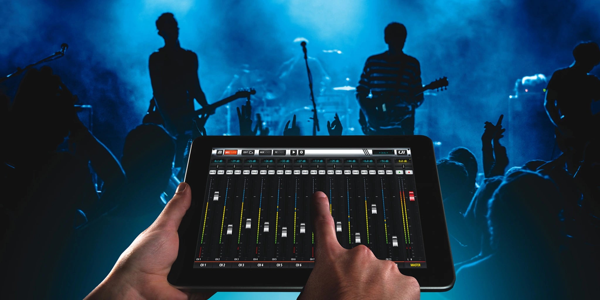 digital mixer interface on a tab and music band performance on background 
