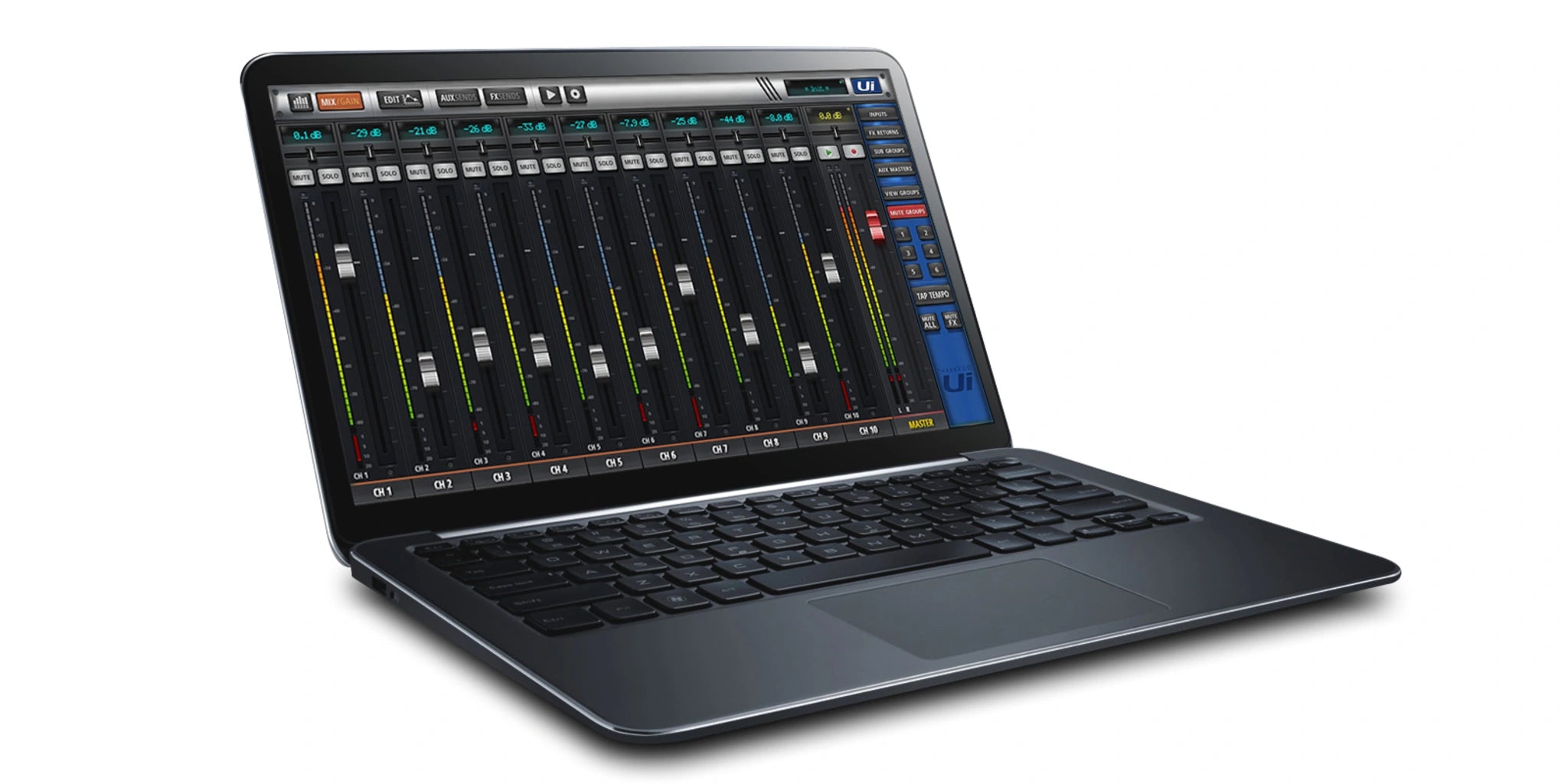digital mixer interface on a laptop on a white background 