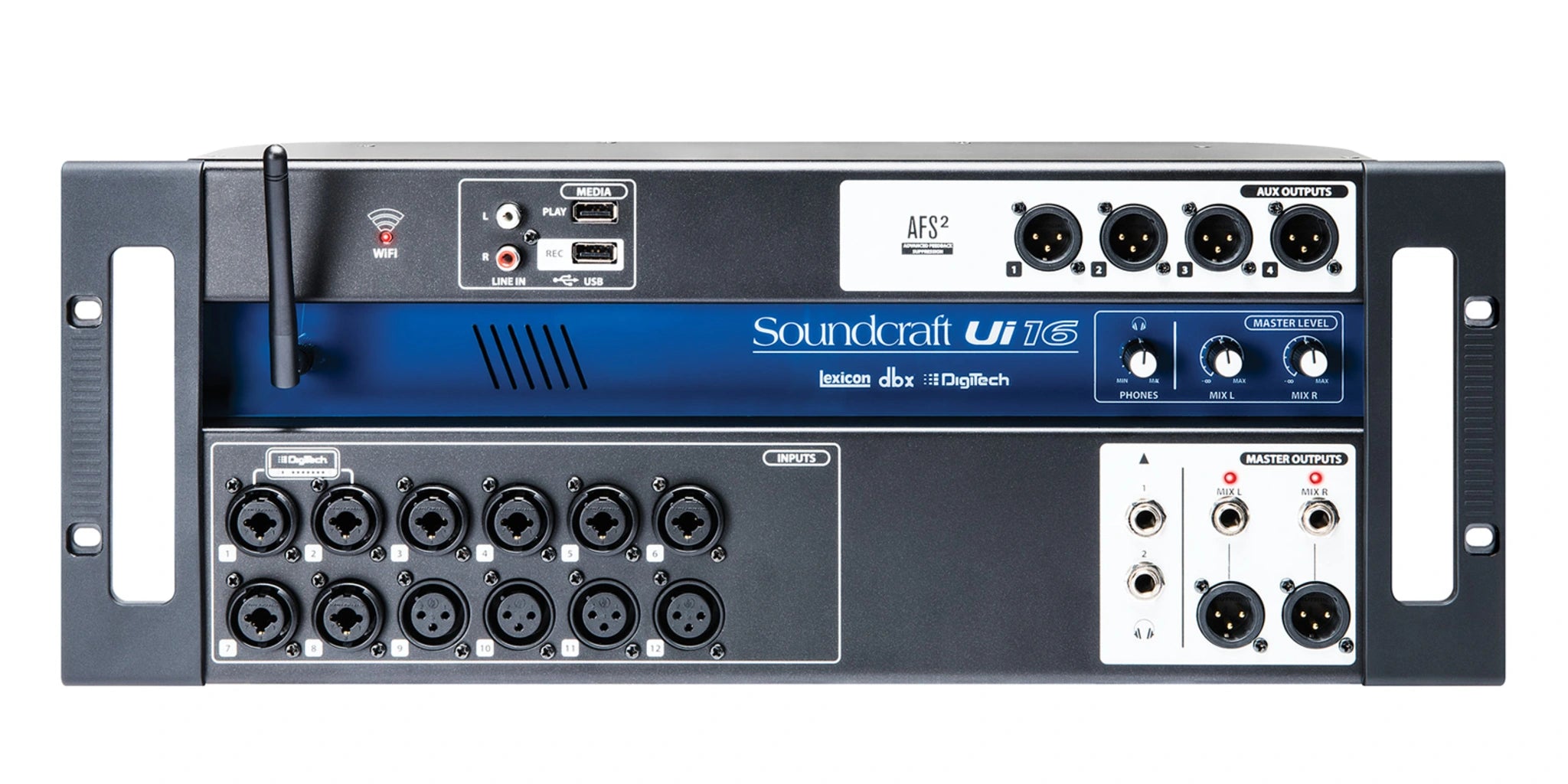 soundcraft Ui16 digital mixer with multiple inputs  on a white background 