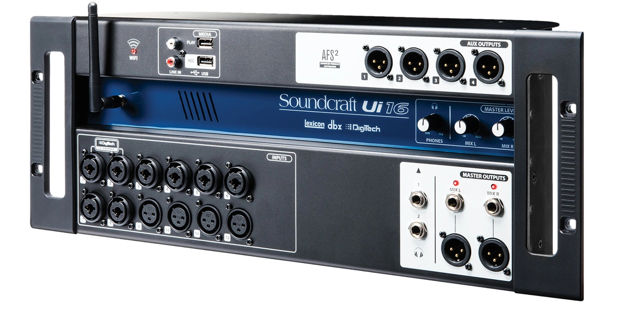 soundcraft Ui16 digital mixer with multiple inputs  on a white background 