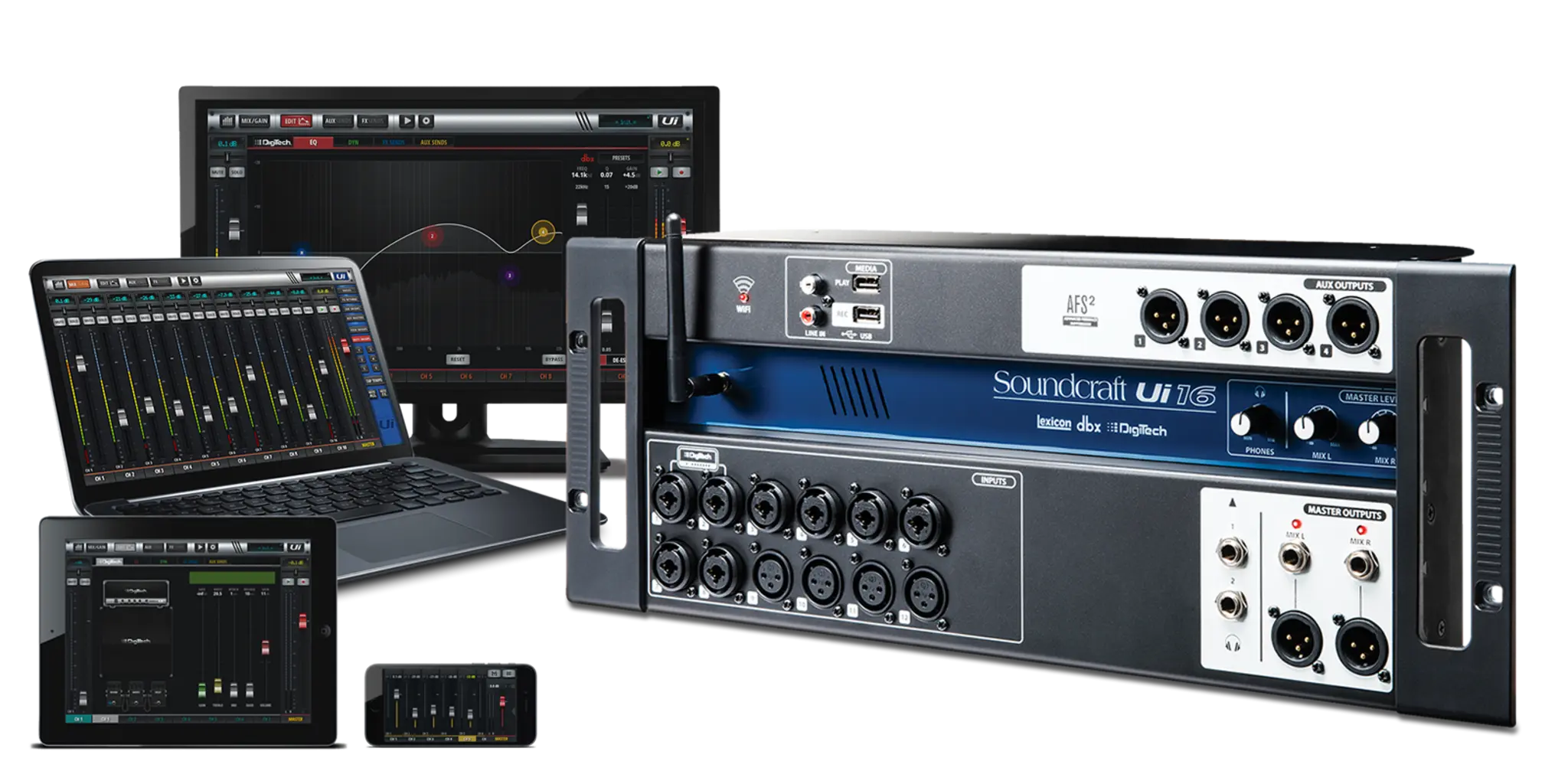 soundcraft Ui16 digital mixer with multiple inputs and multiple device connectivity diagrams on a transparent background 